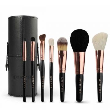 Morphe ROSE BAES Brush Collection, 7 Pieces Rose Gold Brushes, Luxurious Natural & Synthetic Bristles, Rose-Gold Finish, Chic Mini Handles with Small Tubby Storage