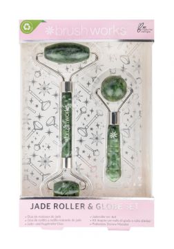 Brush Works Jade Roller & Globe Set, Improves Blood Circulation, Soothes Skin, Reduces Pores & Wrinkles, Set in Green Colour
